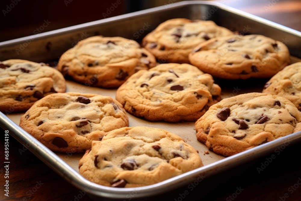 Photo of a tray of freshly baked chocolate chip cookies, still warm from the oven. Generative AI