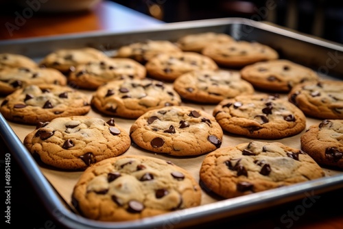 Photo of a tray of freshly baked chocolate chip cookies, still warm from the oven. Generative AI