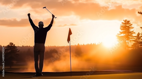 Silhouette photo of pro golfer raising hands in the air happily after finish golf tournament competition winner the match sport. Professional sport player successful concept. photo