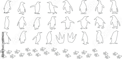 Penguin line art vector illustration set, penguins outline for winter designs, animal themes. Features black and white line art penguins in various poses standing, walking, waddling, sitting, sliding