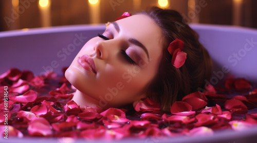 a beautiful woman laying down in a tub filled with roses, in the style of violet and amber, sensory experience, serene faces, wetcore, luxuriant, bloomcore, romantic themes 