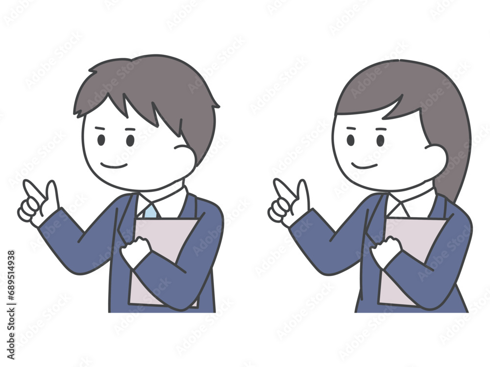 バインダーを持ちながら指を刺すスーツの男女の上半身イラスト バインダーを持ちながら指を刺すスーツの男女の上半身イラスト
