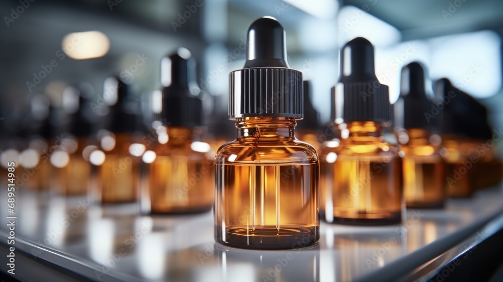 factory building. glass bottle with yellow serum on conveyor. Production process of creating new beauty product. Research, development factory building. glass bottle with yellow serum on conveyor. Production process of creating new beauty product. Research, development