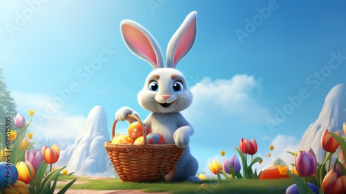 Happy easter cartoon bunny with a basket of eggs. Card. © keystoker