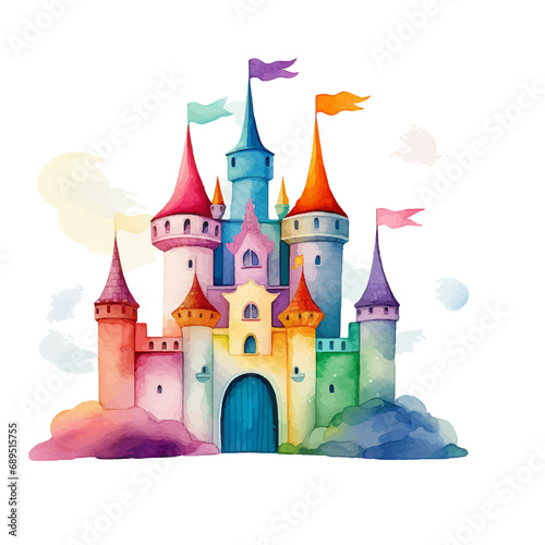 princess magic castle. Hand drawn watercolor fairytale castle. Kids illustration. watercolor castle painting illustration. Isolated on white.