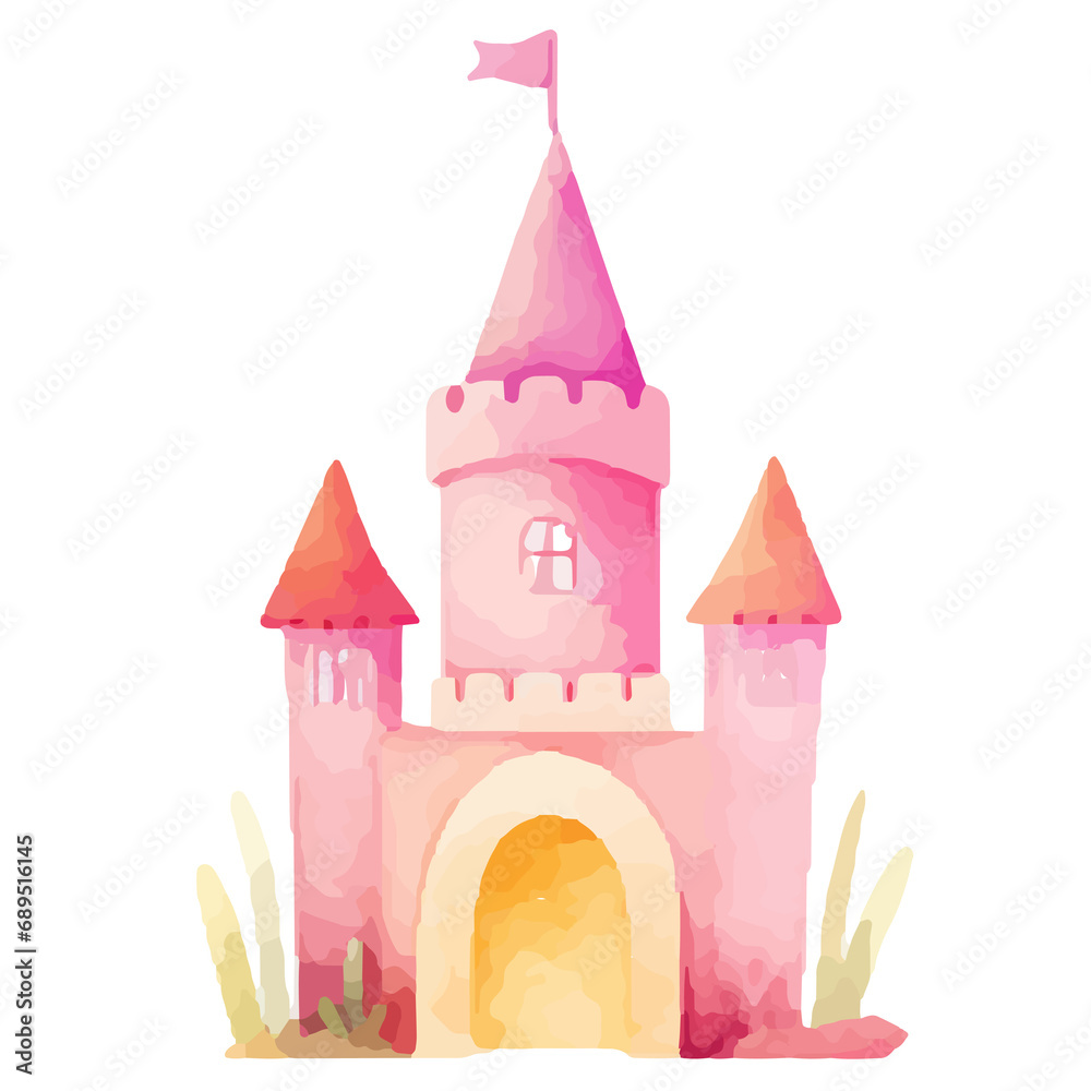 princess magic castle. Hand drawn watercolor fairytale castle. Kids illustration. Cartoon Castle Clipart, Kids illustration. Castle with floral illustrations.