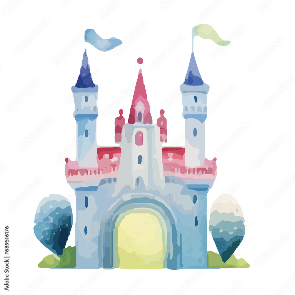 princess magic castle. Hand drawn watercolor fairytale castle. Kids illustration. Cartoon Castle Clipart, Kids illustration. Castle with floral illustrations.
