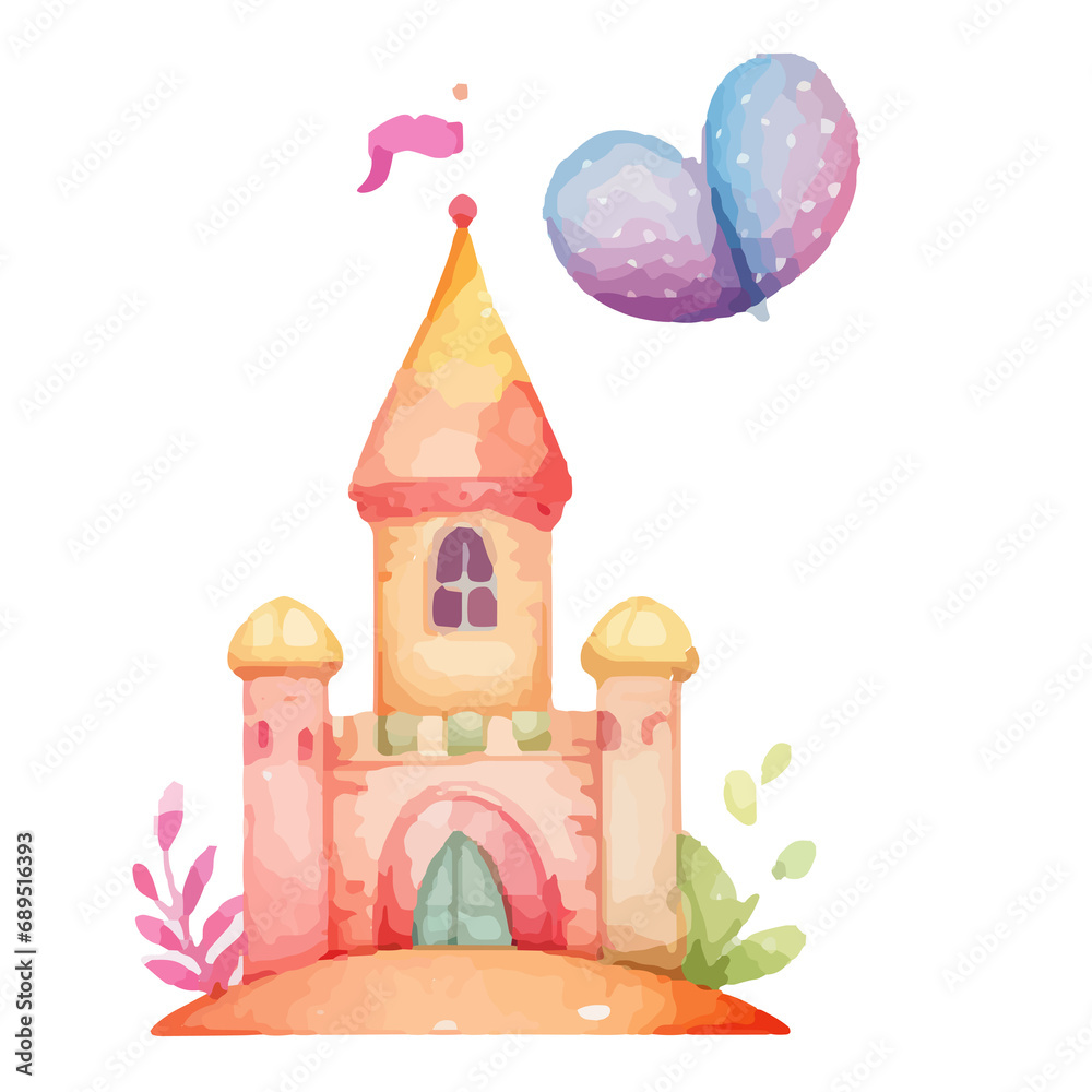 princess magic castle. Hand drawn watercolor fairytale castle. Kids illustration. Cartoon Castle Clipart, Kids illustration. Castle with floral illustrations.