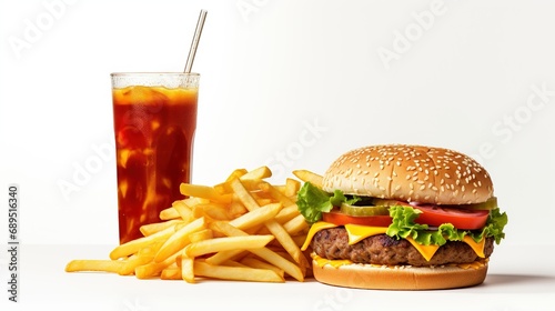 Cheeseburger, fries and soda on a white background