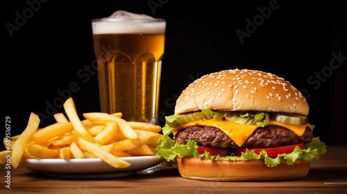 Cheeseburger, fries and soda on a white background