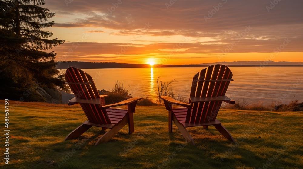 At dawn, two deserted Adirondack chairs with a view of Cascade Mountain and Puget Sound