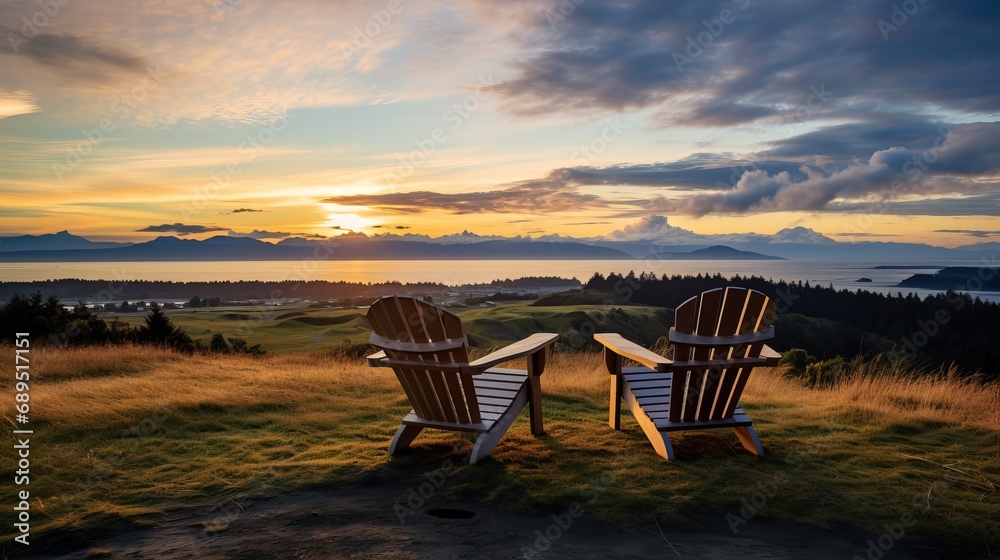 At dawn, two deserted Adirondack chairs with a view of Cascade Mountain and Puget Sound