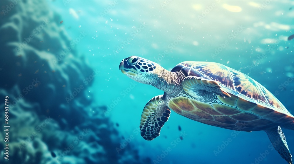 A hawksbill turtle submerged in the ocean, with text copyspace