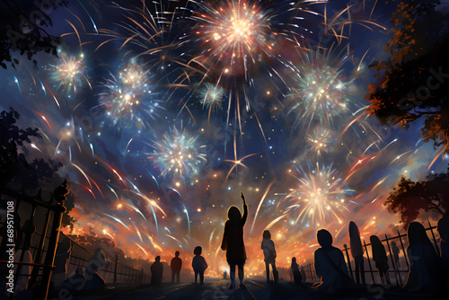 Silhouette of a boy with his family watching fireworks at night