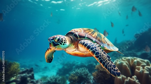 A hawksbill turtle submerged in the ocean, with text copyspace
