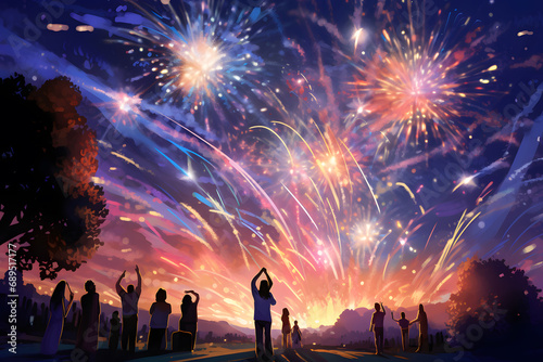 Silhouette of a boy with his family watching fireworks at night