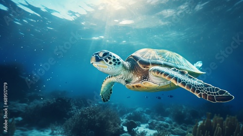 A hawksbill turtle submerged in the ocean, with text copyspace