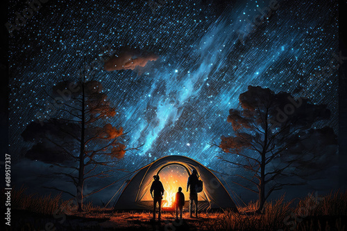 People camping in tents under a beautiful starry sky, AI generated photo