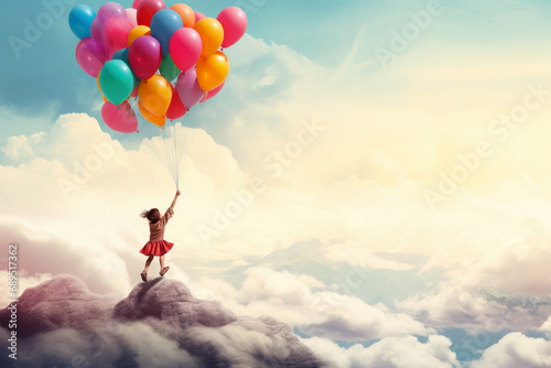 A child is holding many balloons on the top of the mountain