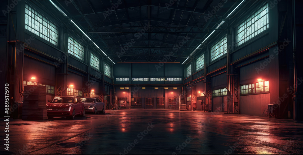 Fototapeta premium Old factory building lights up at night