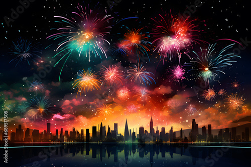Cityscape with fireworks at night, New Year's Eve, vector illustration