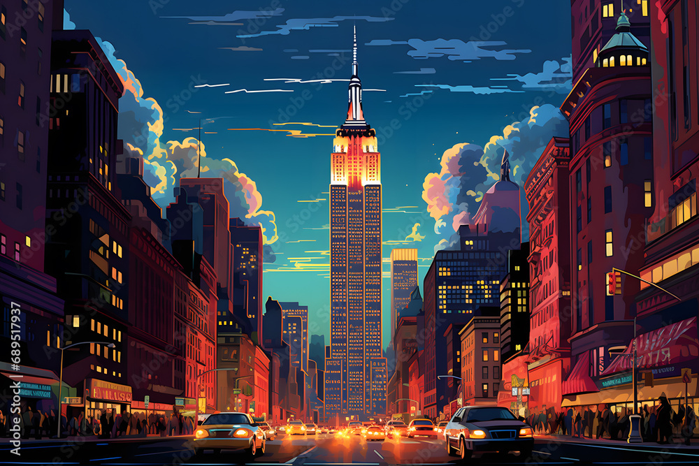 New York City street scene with skyscrapers and traffic. Vector illustration - obrazy, fototapety, plakaty 