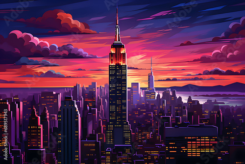 New York City street scene with skyscrapers and traffic. Vector illustration