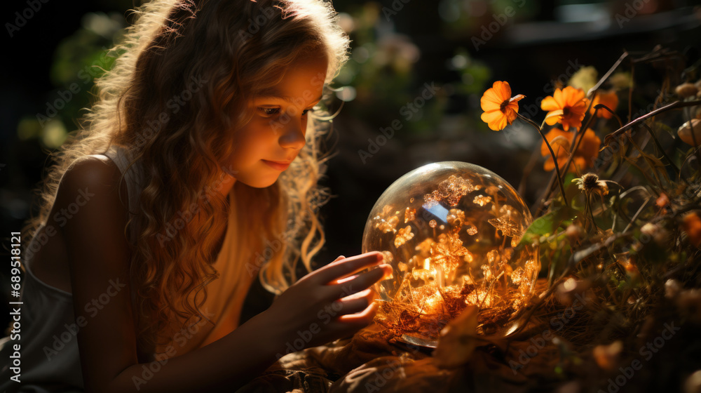 Naklejka premium Little girls playing with vintage lantern with some magic lights