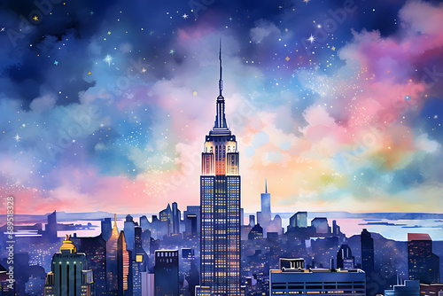 Illustration of New York City skyline with skyscrapers at night photo