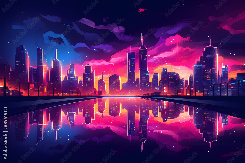Night city with neon lights, vector illustration. Cityscape with modern skyscrapers.