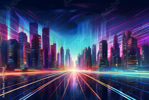 Night city with neon lights  vector illustration. Cityscape with modern skyscrapers.