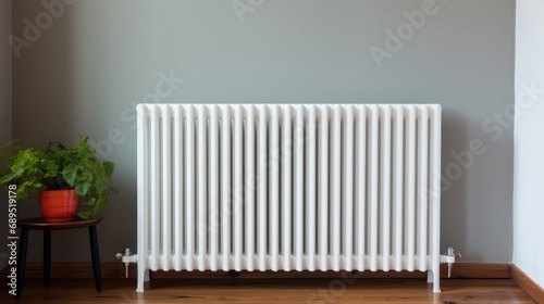 Efficient white radiator for heating in the apartment with potted plant