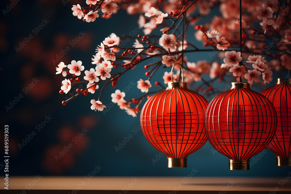 Obraz premium chinese new year lanterns, chinese new year dragon, fireworks in the city, wallpaper and social media background for china newyears festival