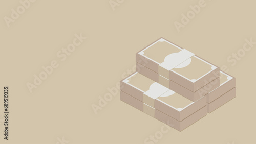 Bundles of banknotes are piled up.