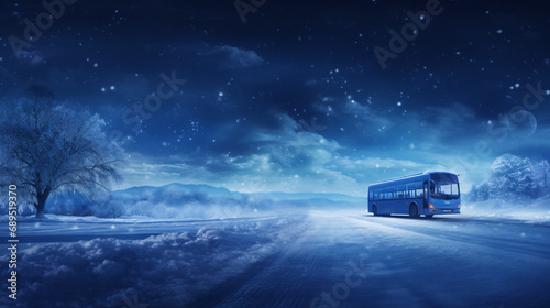 The winter night bus with copy space