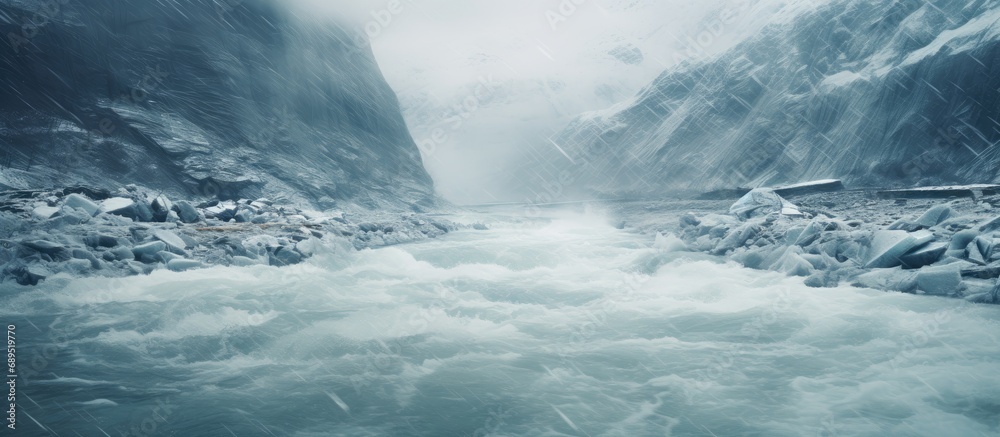 Fototapeta premium Dangerous human actions cause melting glaciers and rising river levels; hipster filter.