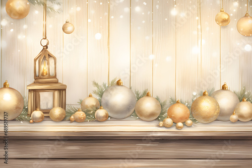 Christmas background with christmas tree branches, garland and golden balls
