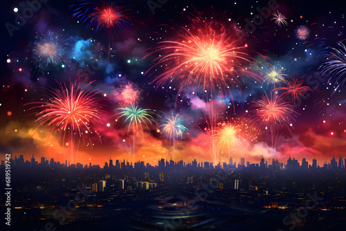 Cityscape with fireworks on the background of the night sky, vector illustration