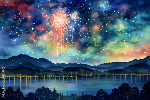 Fireworks and pine forest background. Happy New Year greeting card. © robiul
