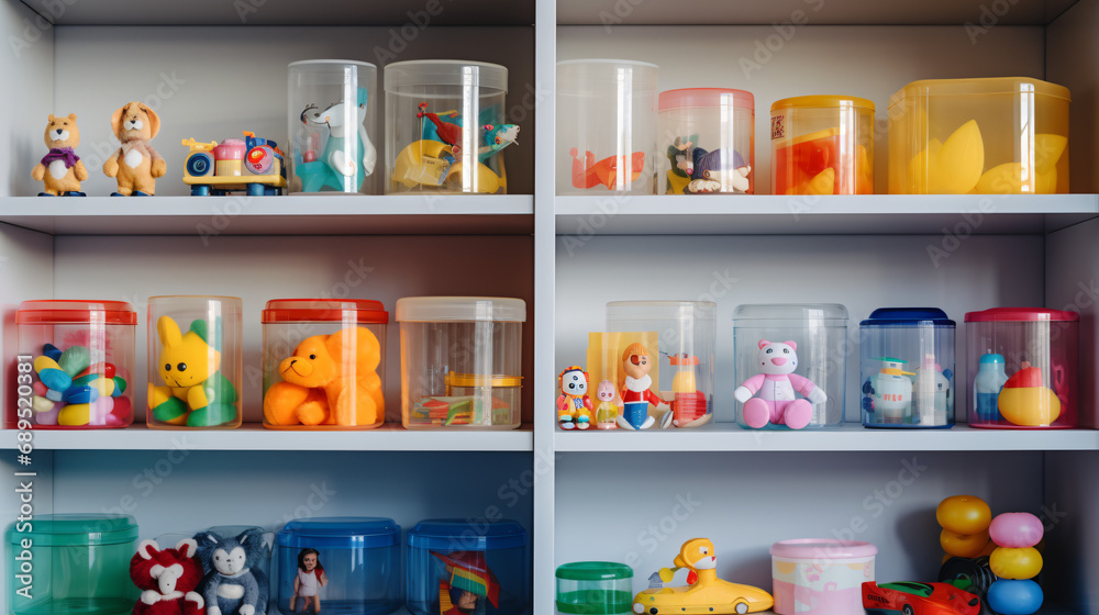 Plastic containers with various children toys