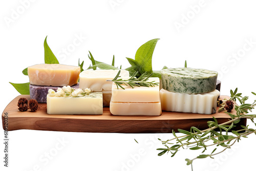 Organic natural soap bars with plants extracts, handmade soaps isolated on white background