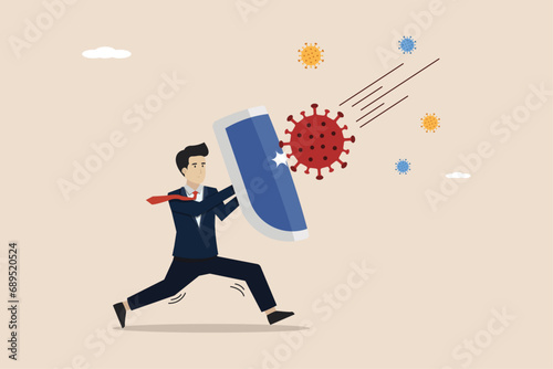 Defending the economy from the COVID-19 coronavirus crisis, post-pandemic concept, investors, entrepreneurs defending the economy from attacks by the coronavirus pathogen using shields.