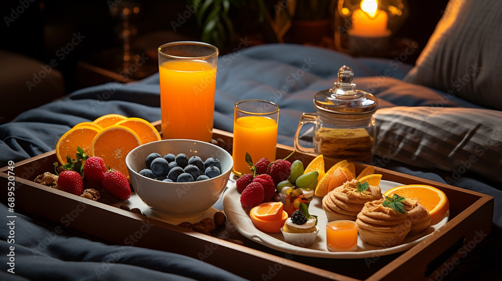 Breakfast in bed with fruits and pastries on a tray