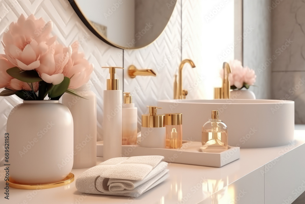 Home bathroom toiletries neatly placed Home bathroom toiletries neatly placed