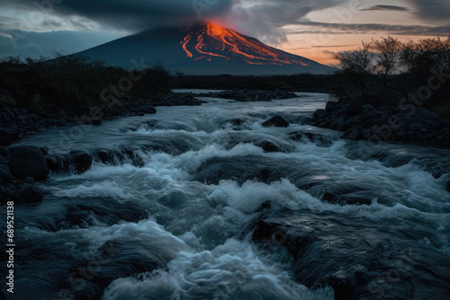 A stream of lava from a volcano flows into a river photo