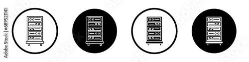 Server rack icon set. Data storage cabinet vector symbol. Hosting datacenter sign. virtual machine database icon in black filled and outlined style. photo