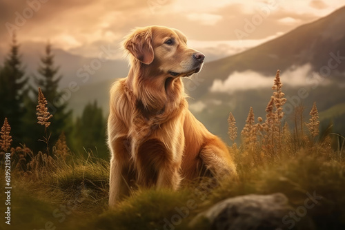 A golden retriever dog sitting outdoors