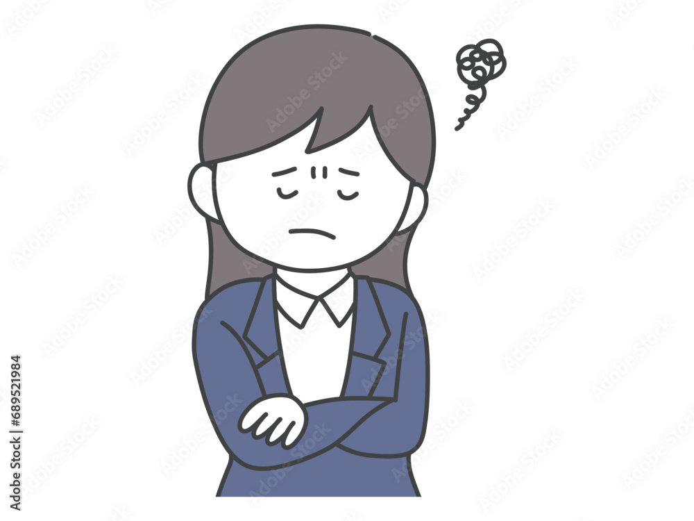 腕を組んで悩む女性の上半身イラスト