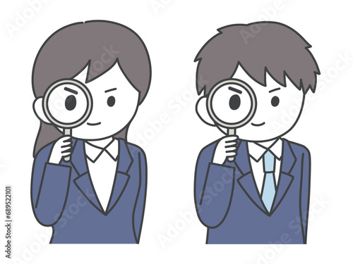虫眼鏡でこちらを覗くスーツの男女の上半身イラスト