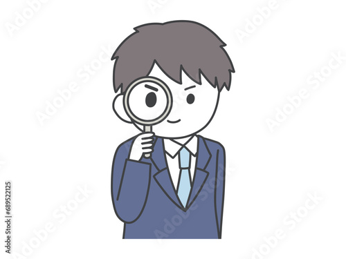 虫眼鏡でこちらを覗くスーツの男性の上半身イラスト